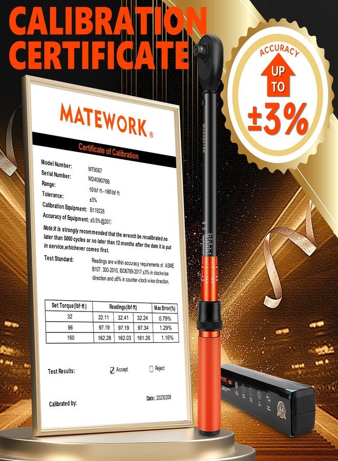 Matework 1/2 Inch Drive Click Torque Wrench, 10-180 ft.lb/13.6-244.1 Nm, ±3% High Precision Lug Nut Torque Wrench with 72 Tooth Dual-Direction for Moto, Wheel Tire and Car Repair - Image 2